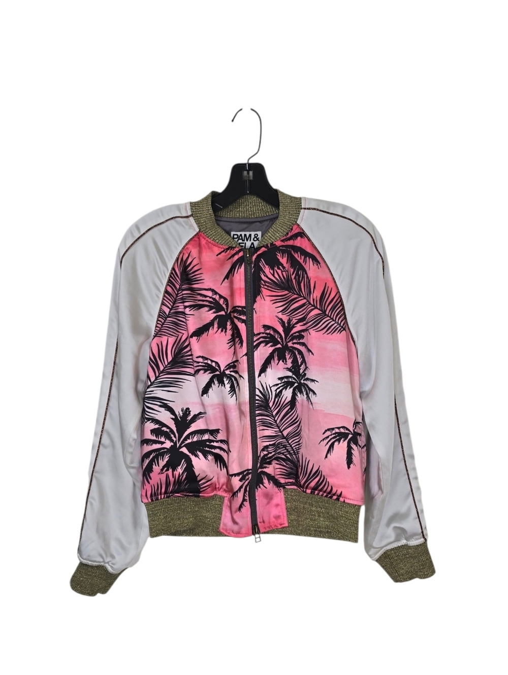 Pam & Gela Pink Black Palm Print Satin Bomber Jacket ASO Women's Small